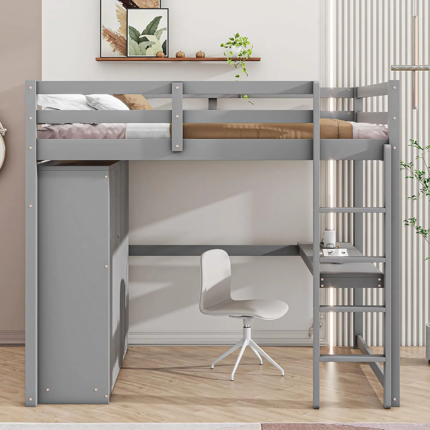 Full Size Loft Bed with Desk & Wardrobe, Solid Wood Kids Loft Bedframe w/3 Storage Drawers & 2 Shelves, Maximum Space Design, for Bedroom, Dorm, Gray