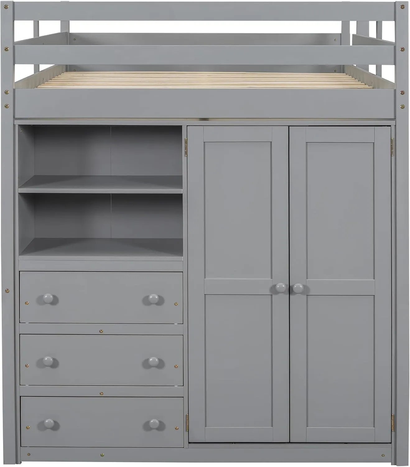 Full Size Loft Bed with Desk & Wardrobe, Solid Wood Kids Loft Bedframe w/3 Storage Drawers & 2 Shelves, Maximum Space Design, for Bedroom, Dorm, Gray