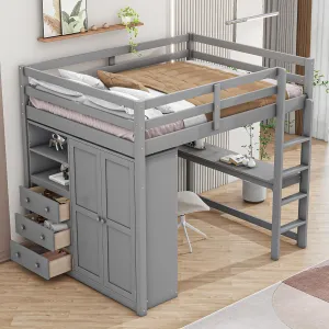 Full Size Loft Bed with Desk & Wardrobe, Solid Wood Kids Loft Bedframe w/3 Storage Drawers & 2 Shelves, Maximum Space Design, for Bedroom, Dorm, Gray