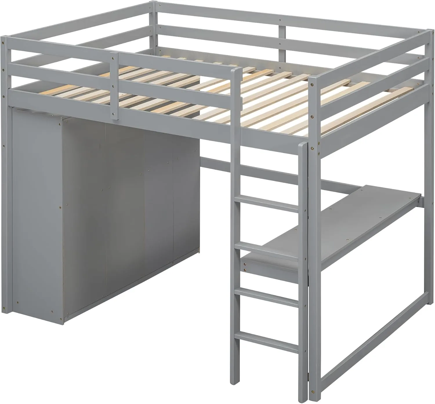 Full Size Loft Bed with Desk & Wardrobe, Solid Wood Kids Loft Bedframe w/3 Storage Drawers & 2 Shelves, Maximum Space Design, for Bedroom, Dorm, Gray