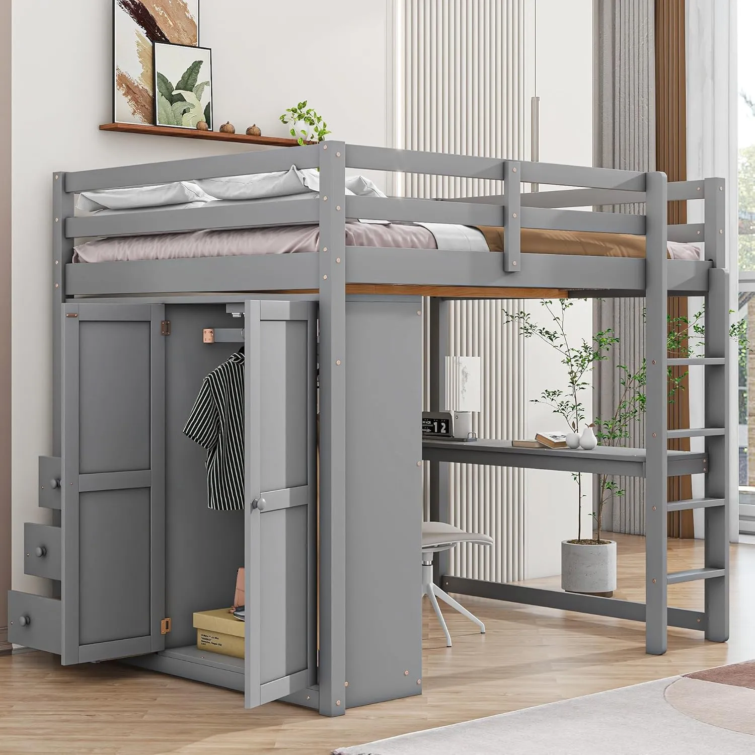 Full Size Loft Bed with Desk & Wardrobe, Solid Wood Kids Loft Bedframe w/3 Storage Drawers & 2 Shelves, Maximum Space Design, for Bedroom, Dorm, Gray