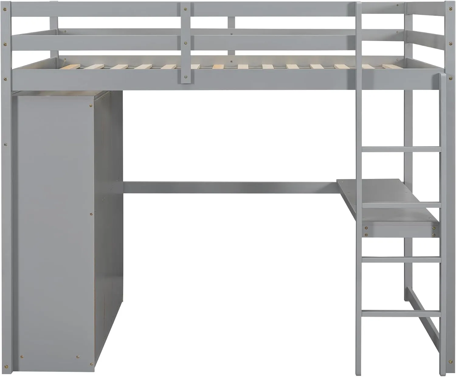 Full Size Loft Bed with Desk & Wardrobe, Solid Wood Kids Loft Bedframe w/3 Storage Drawers & 2 Shelves, Maximum Space Design, for Bedroom, Dorm, Gray