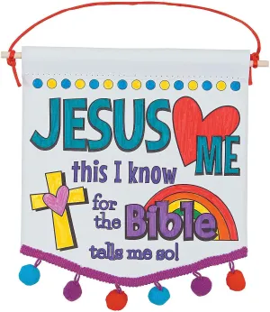 Fun Express Color Your Own Jesus Loves Me Banners with Pom-Pom Trim - Makes 12 - DIY Religious Crafts for Kids and Sunday School Activities