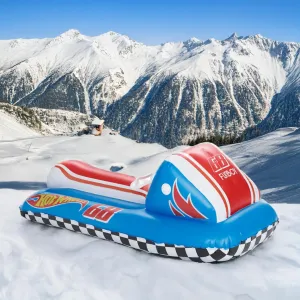 FUNBOY & Hot Wheels 50" Kids Inflatable Skimobile Winter Snow Sled, 1-2 Riders with Grooved Rubber Base Tracks, 2 Handles, and Hand Pull Rope