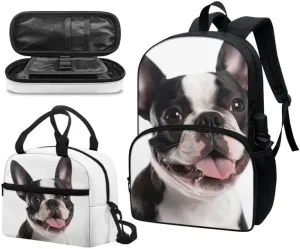 Funny French Bulldog Middle School Bookbag 3 Piece Set Schoolbag/Cute Puppy Dog Crossbody Lunch Bag/Pencil Bag Students School Bag Packs Satchel for Schoolbag Kids