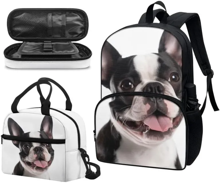 Funny French Bulldog Middle School Bookbag 3 Piece Set Schoolbag/Cute Puppy Dog Crossbody Lunch Bag/Pencil Bag Students School Bag Packs Satchel for Schoolbag Kids