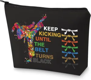 G2TUP Taekwondo Cosmetic Makeup Bag Karate Black Belt Gifts Keep Kickiing Until The Belt Turns Black Taekwondo Zipper Pouch Bag Taekwondo Girl Merch (Keep Kickiing)