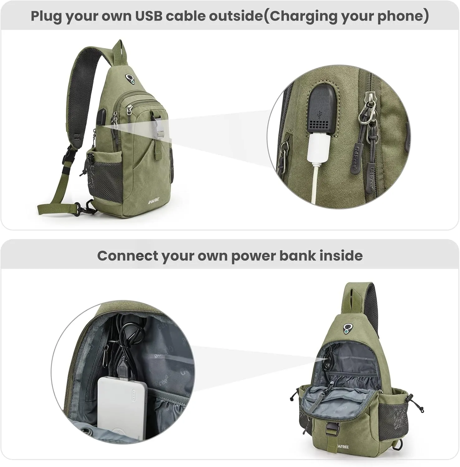 G4Free Canvas Sling Bag Crossbody Backpack with USB Charging Port & RFID Blocking, Hiking Daypack Chest Bag for Women Men