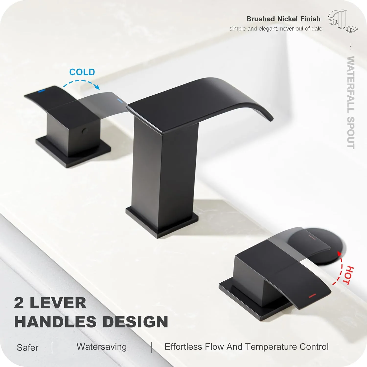 GAGALIFE 8 Inch Waterfall Bathroom Faucets 3 Hole - Matte Black Widespread Bathroom Faucet with Pop-up Drain, Two Handles Bathroom Sink Faucet, Modern Vanity Sink faucets with Supply Lines
