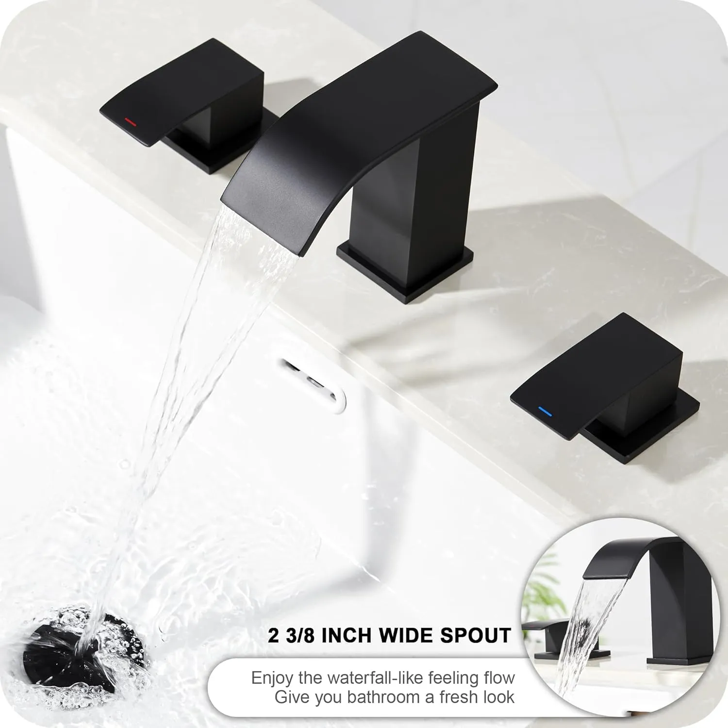 GAGALIFE 8 Inch Waterfall Bathroom Faucets 3 Hole - Matte Black Widespread Bathroom Faucet with Pop-up Drain, Two Handles Bathroom Sink Faucet, Modern Vanity Sink faucets with Supply Lines