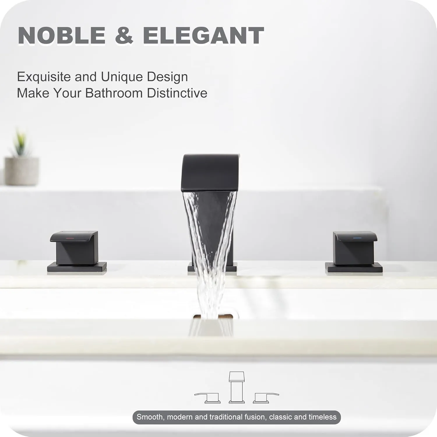 GAGALIFE 8 Inch Waterfall Bathroom Faucets 3 Hole - Matte Black Widespread Bathroom Faucet with Pop-up Drain, Two Handles Bathroom Sink Faucet, Modern Vanity Sink faucets with Supply Lines