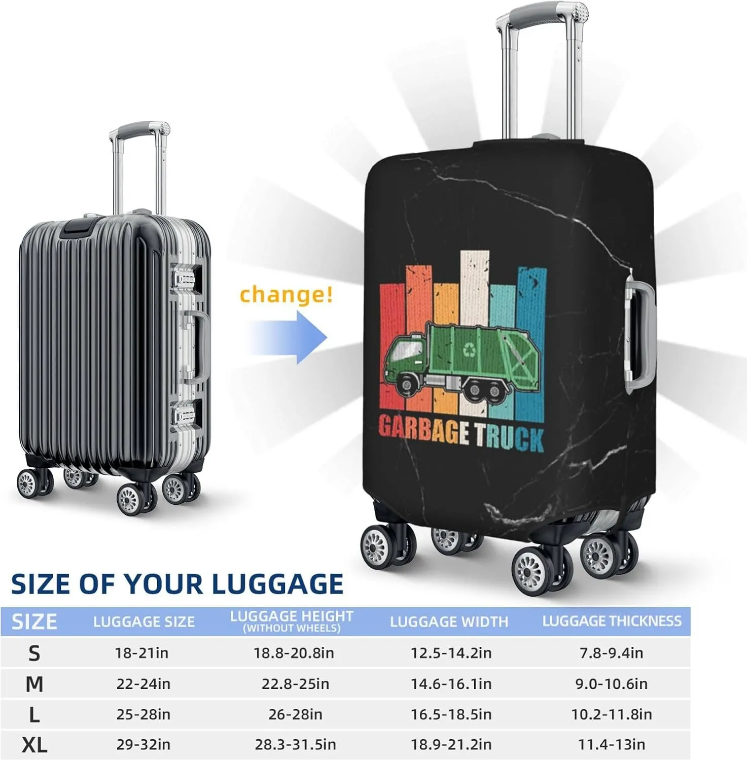 Garbage Truck Trash Luggage Cover Multi Size Travel Luggage Protective Cover, Small, Black