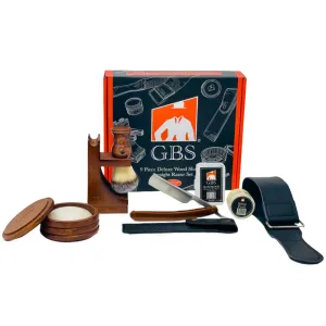 G.B.S Classic 9 Piece Wooden Deluxe Shaving Set- Straight Razor with Case, Brush Stand, 100% Synthetic Shaving Brush, Wooden Shaving Bowl, Soap, Strop Christmas Gift Stocking Stuffer for Men