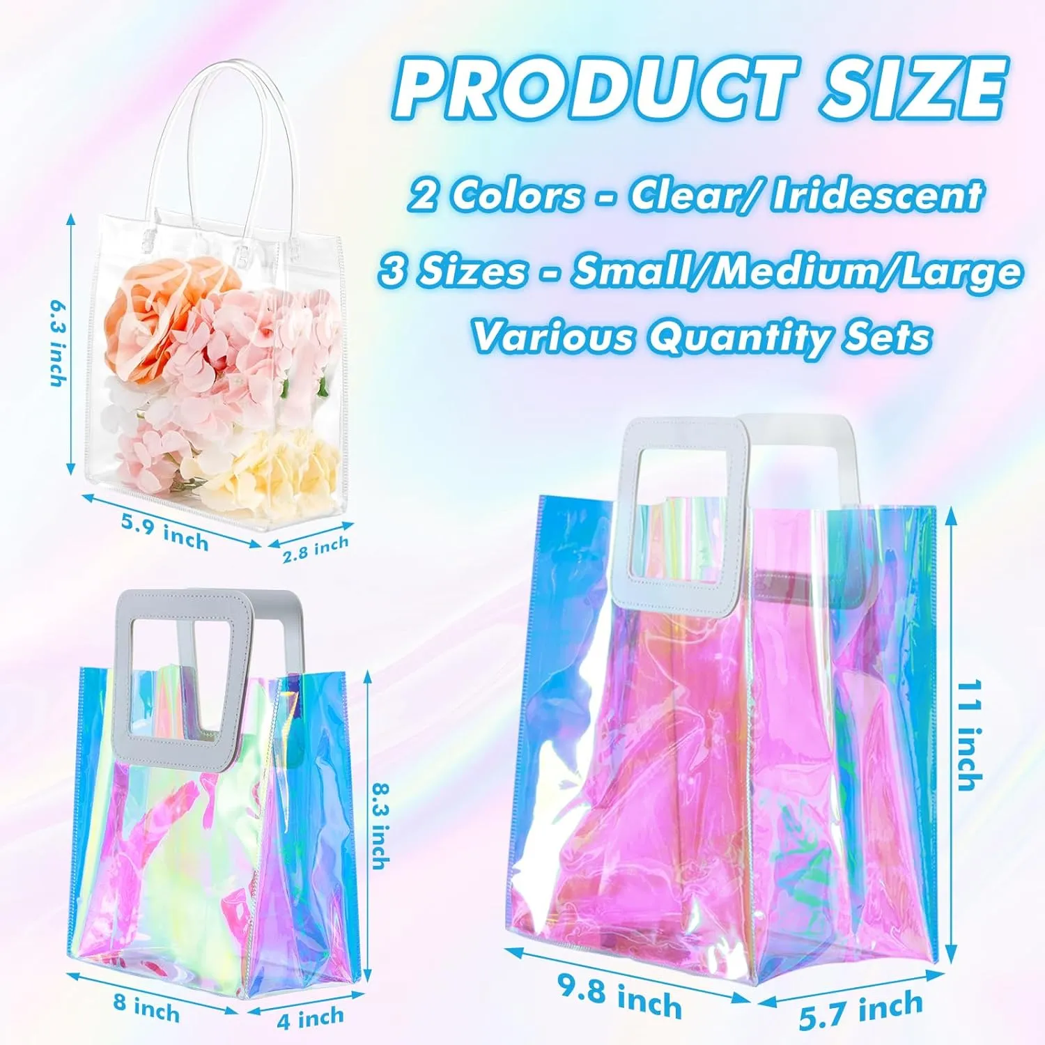GcFoir 15 Pcs Small Iridescent Gift Bags with Handles 11''x9.8''x5.7'' Holographic Bachelorette Party Favor Bags, Clear Gift Bags with Handles, Reusable PVC Tote Goodie Bags for Party, Christmas