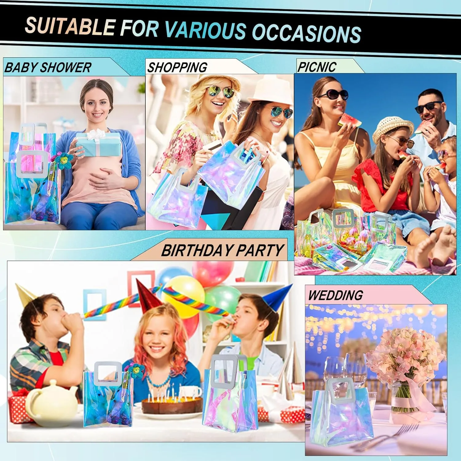 GcFoir 15 Pcs Small Iridescent Gift Bags with Handles 11''x9.8''x5.7'' Holographic Bachelorette Party Favor Bags, Clear Gift Bags with Handles, Reusable PVC Tote Goodie Bags for Party, Christmas