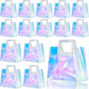GcFoir 15 Pcs Small Iridescent Gift Bags with Handles 11''x9.8''x5.7'' Holographic Bachelorette Party Favor Bags, Clear Gift Bags with Handles, Reusable PVC Tote Goodie Bags for Party, Christmas