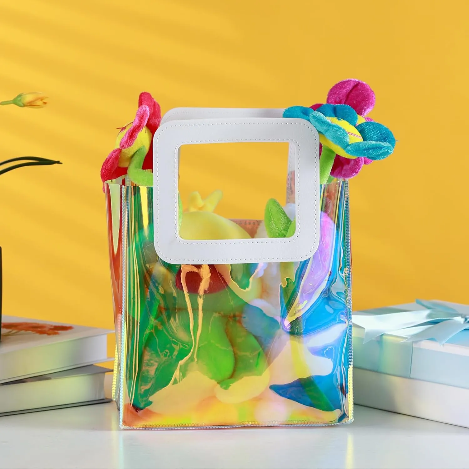GcFoir 15 Pcs Small Iridescent Gift Bags with Handles 11''x9.8''x5.7'' Holographic Bachelorette Party Favor Bags, Clear Gift Bags with Handles, Reusable PVC Tote Goodie Bags for Party, Christmas