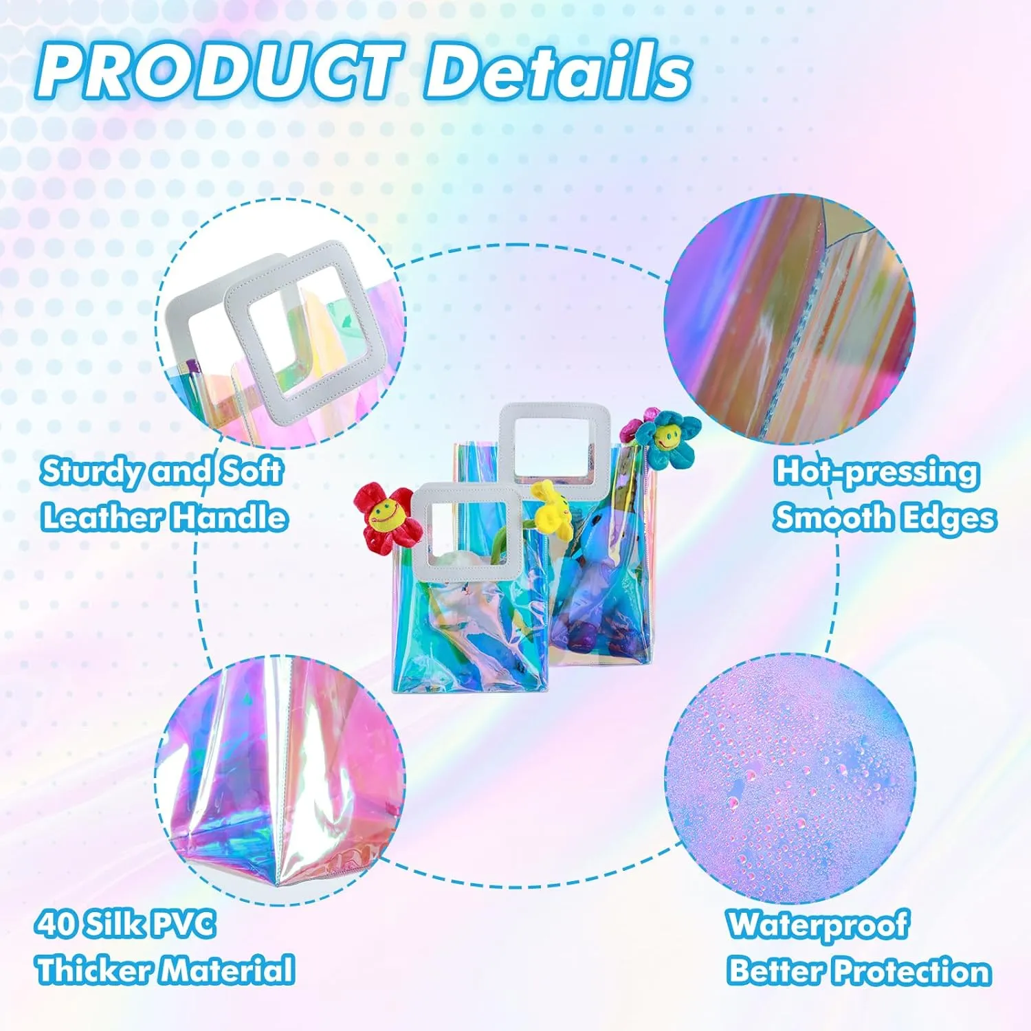 GcFoir 15 Pcs Small Iridescent Gift Bags with Handles 11''x9.8''x5.7'' Holographic Bachelorette Party Favor Bags, Clear Gift Bags with Handles, Reusable PVC Tote Goodie Bags for Party, Christmas