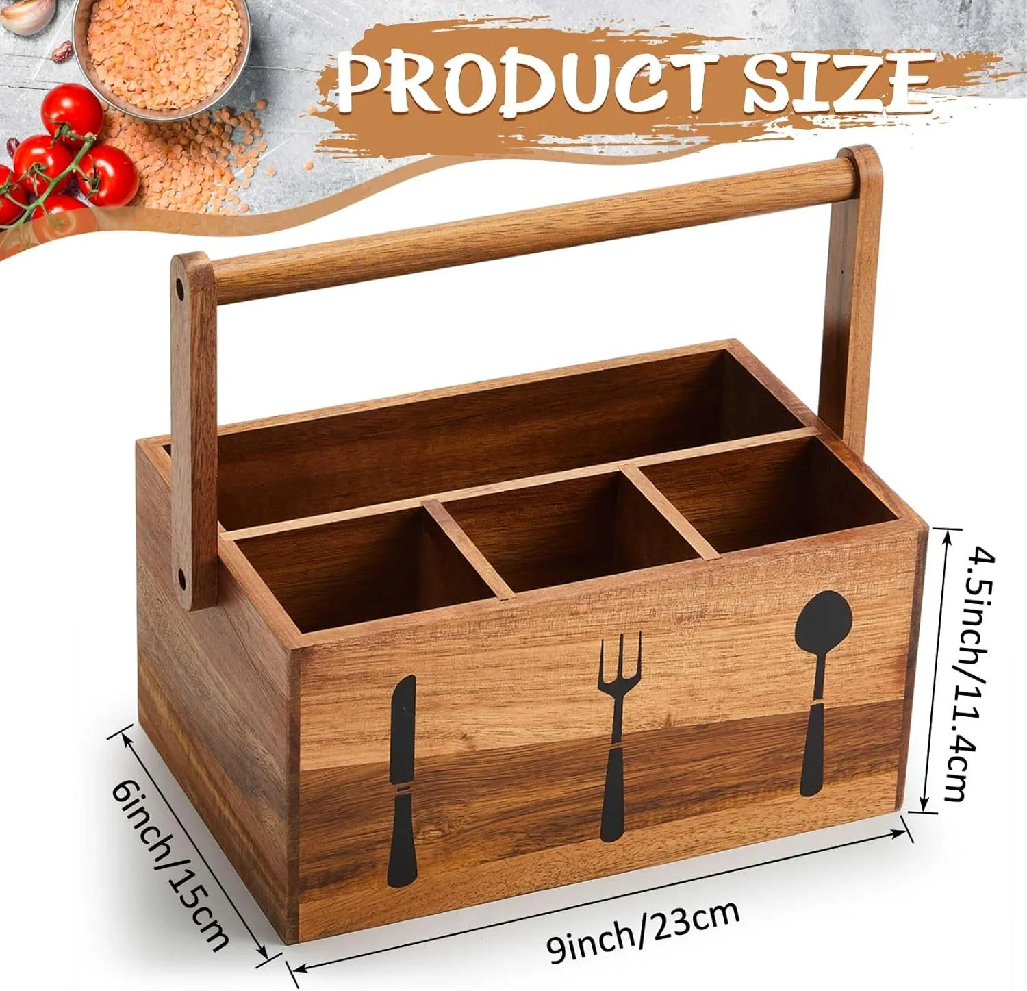 Geetery Acacia Utensil Caddy Silverware Caddy with Handle Wooden Multipurpose Countertop Flatware Napkin Utensil Organizer for Party Picnic Kitchen Trip, 9.1 x 5.9 x 4.5 in(Wood Color)