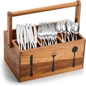 Geetery Acacia Utensil Caddy Silverware Caddy with Handle Wooden Multipurpose Countertop Flatware Napkin Utensil Organizer for Party Picnic Kitchen Trip, 9.1 x 5.9 x 4.5 in(Wood Color)