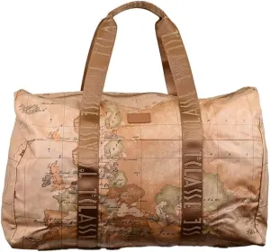 Geo Soft Printed Fabric Travel Bag with 1AClass Logo Ribbon Handles, Front Tag, Matching Pouch, Closure with, beige