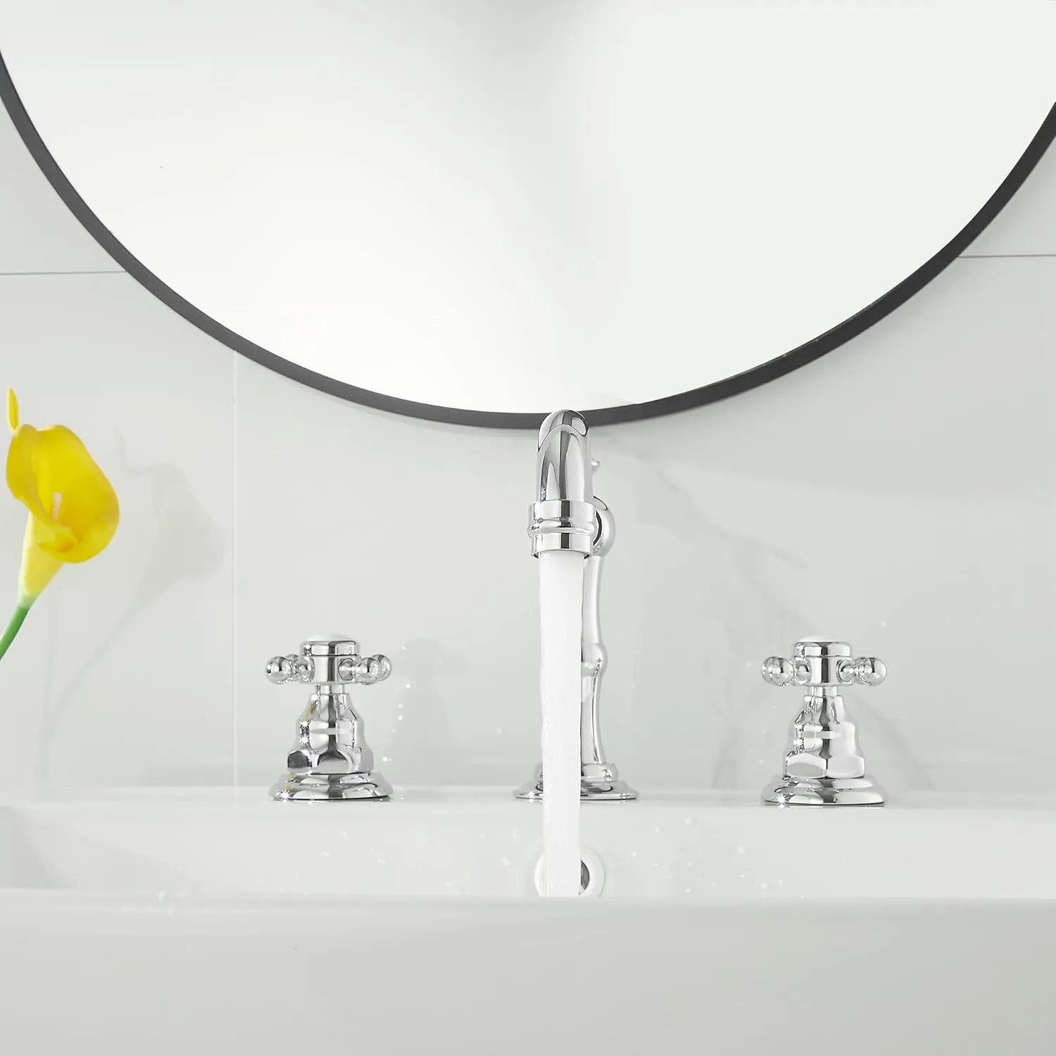 GGStudy 2 Handles 3 Holes Faucet Widespread Bathroom Sink Faucet Chrome Basin Mixer Tap Matching Pop Up Drain with Overflow
