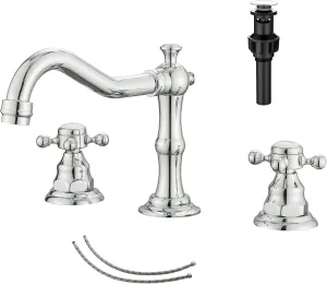 GGStudy 2 Handles 3 Holes Faucet Widespread Bathroom Sink Faucet Chrome Basin Mixer Tap Matching Pop Up Drain with Overflow