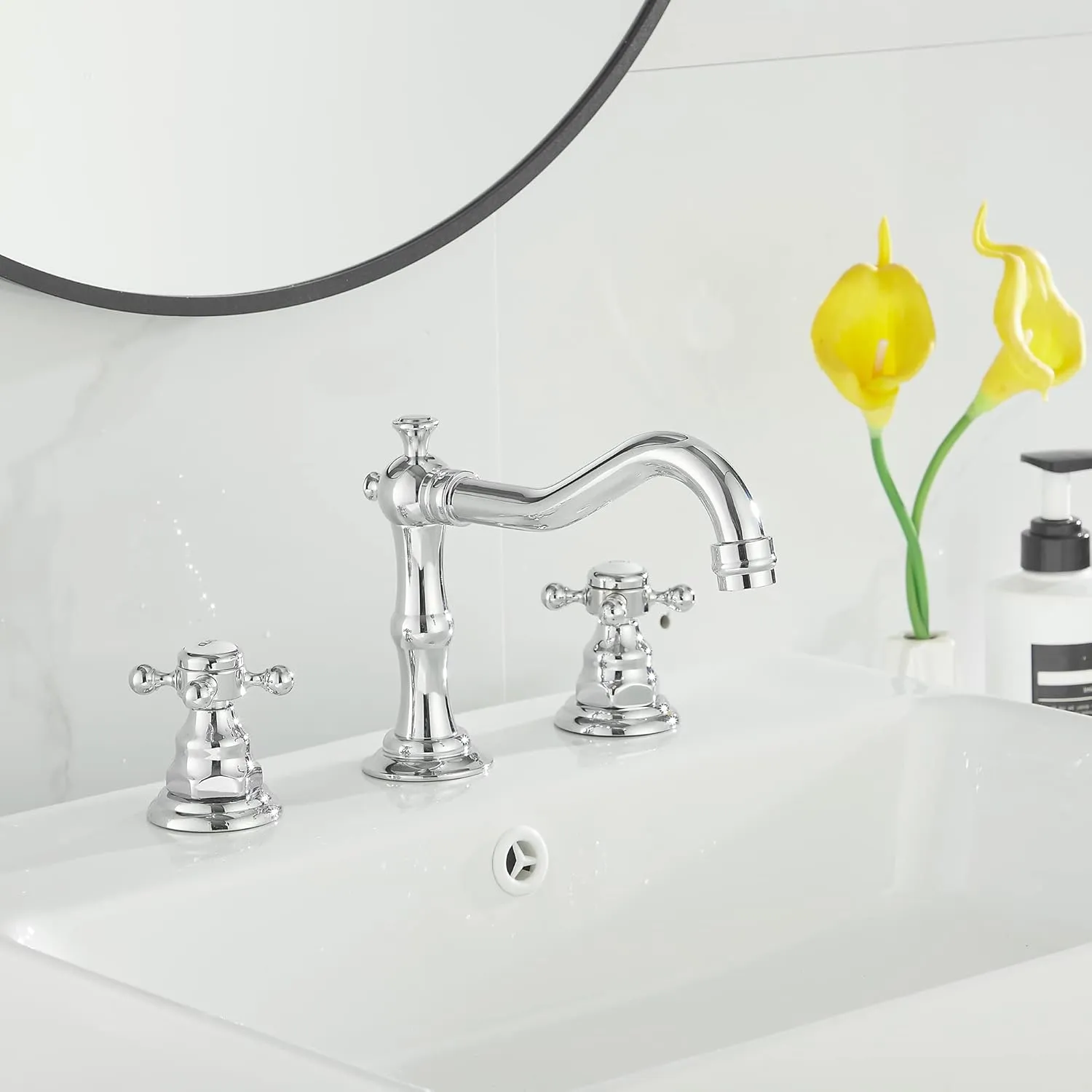 GGStudy 2 Handles 3 Holes Faucet Widespread Bathroom Sink Faucet Chrome Basin Mixer Tap Matching Pop Up Drain with Overflow