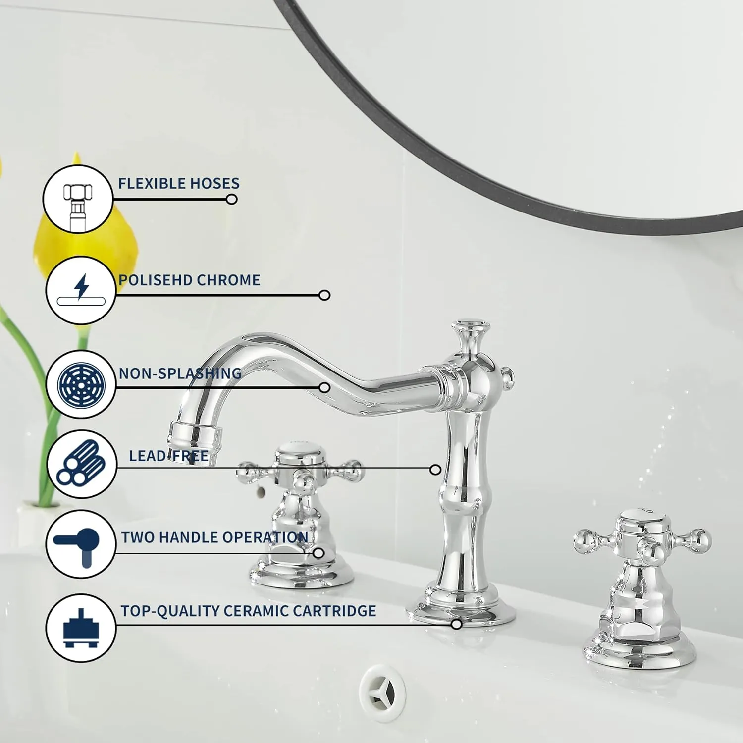 GGStudy 2 Handles 3 Holes Faucet Widespread Bathroom Sink Faucet Chrome Basin Mixer Tap Matching Pop Up Drain with Overflow