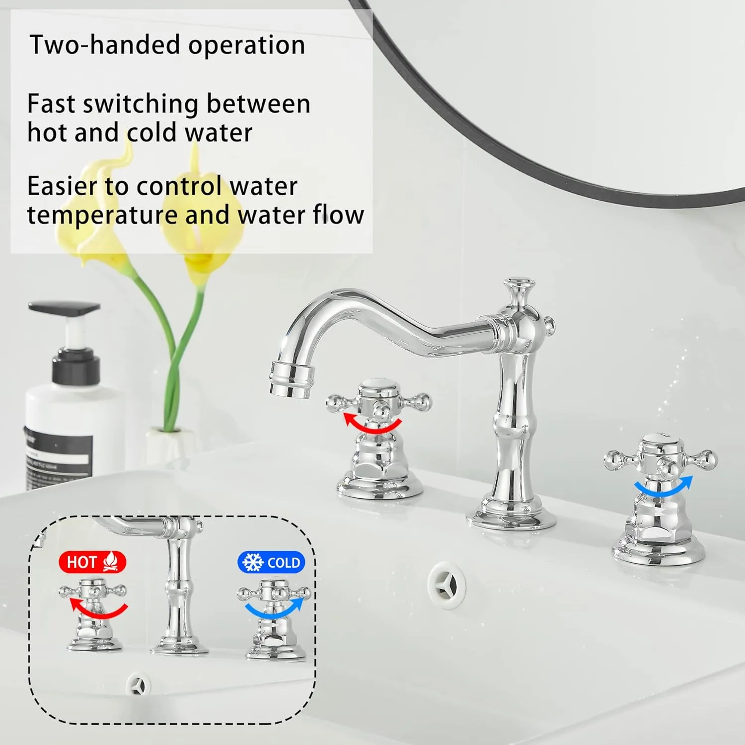 GGStudy 2 Handles 3 Holes Faucet Widespread Bathroom Sink Faucet Chrome Basin Mixer Tap Matching Pop Up Drain with Overflow