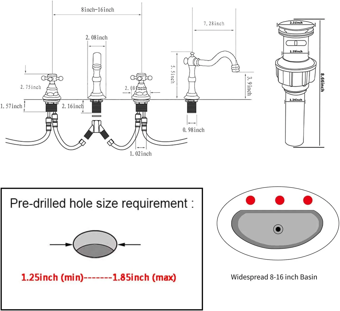 GGStudy 2 Handles 3 Holes Faucet Widespread Bathroom Sink Faucet Chrome Basin Mixer Tap Matching Pop Up Drain with Overflow