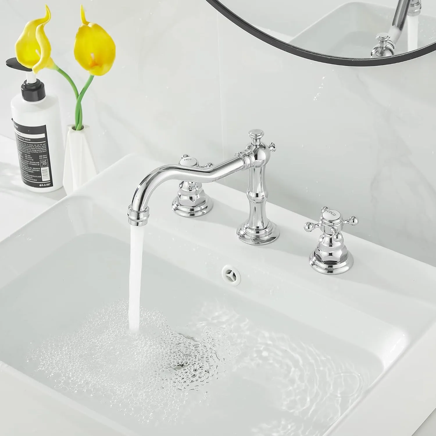 GGStudy 2 Handles 3 Holes Faucet Widespread Bathroom Sink Faucet Chrome Basin Mixer Tap Matching Pop Up Drain with Overflow