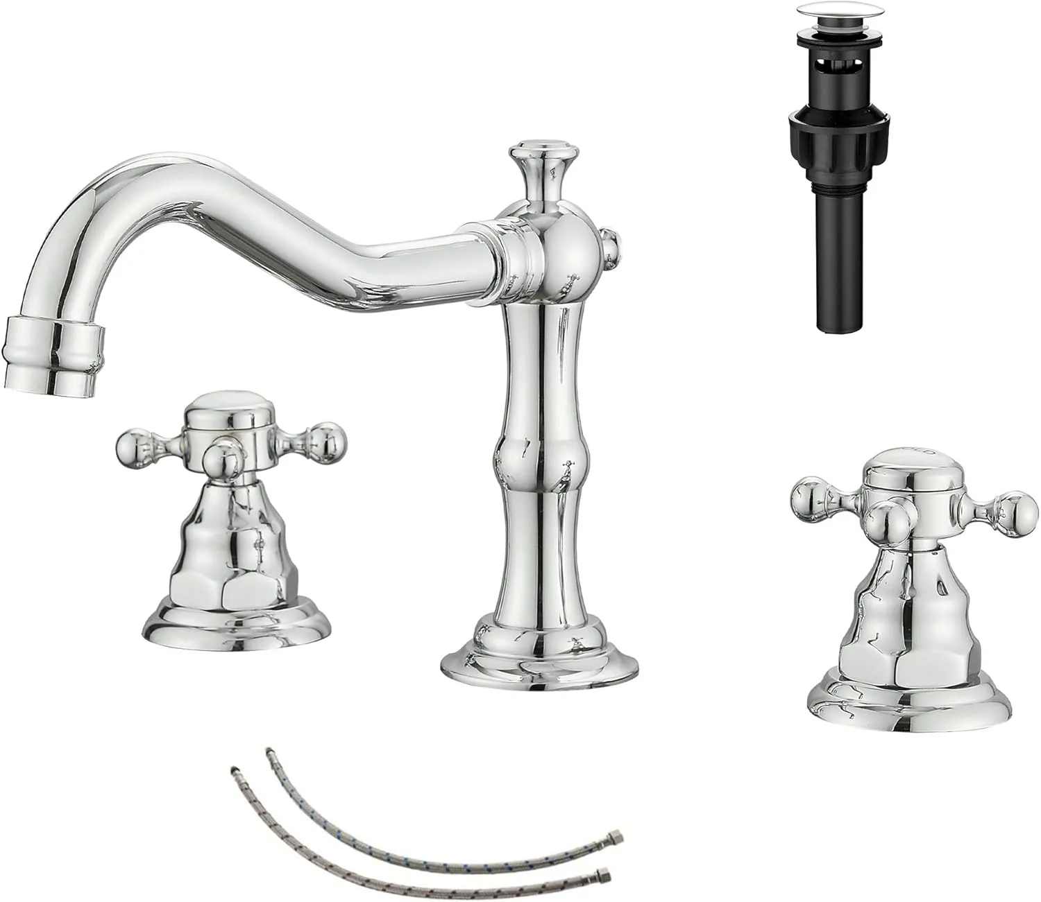 GGStudy 2 Handles 3 Holes Faucet Widespread Bathroom Sink Faucet Chrome Basin Mixer Tap Matching Pop Up Drain with Overflow