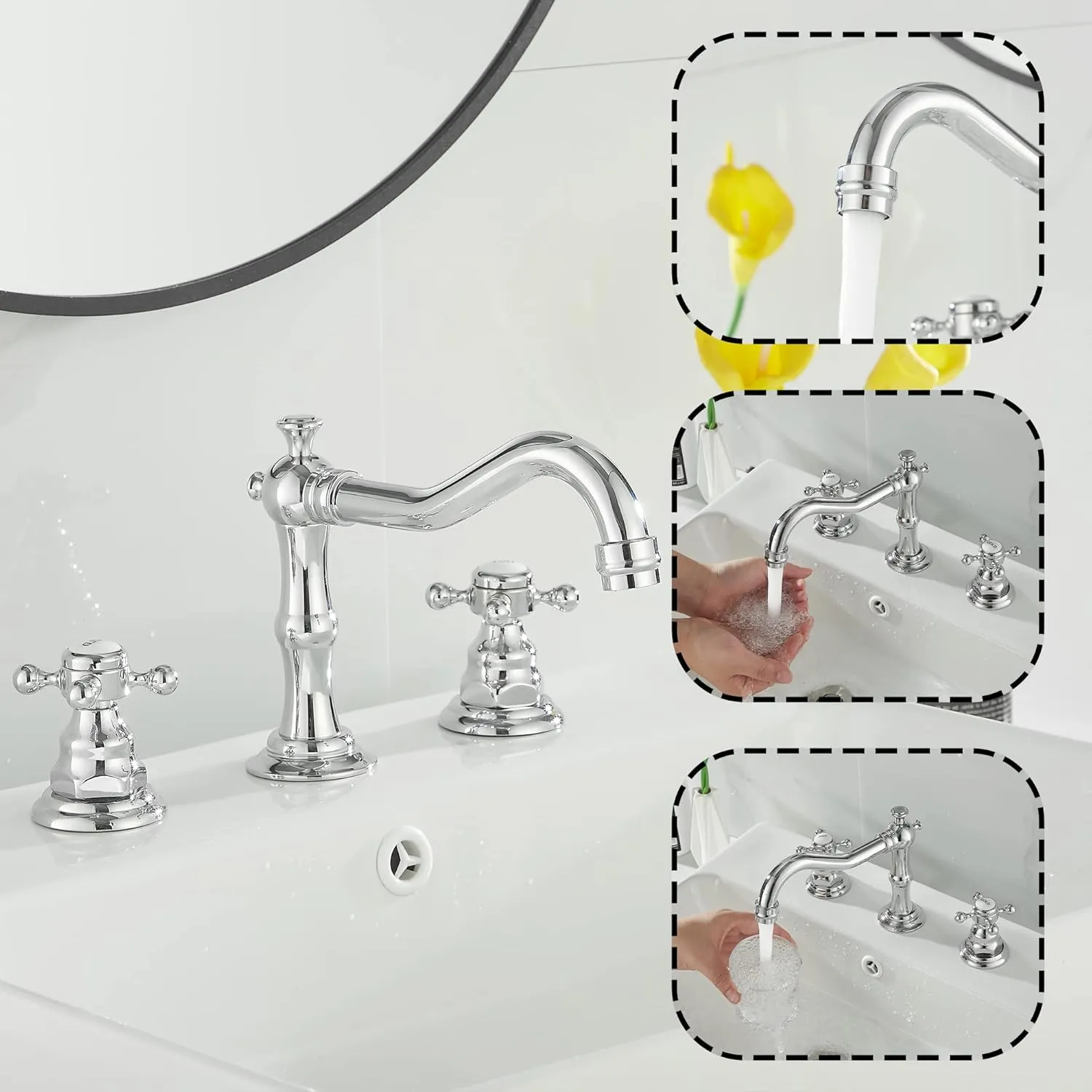 GGStudy 2 Handles 3 Holes Faucet Widespread Bathroom Sink Faucet Chrome Basin Mixer Tap Matching Pop Up Drain with Overflow