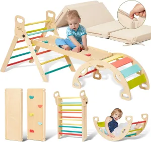 Giant bean Pikler Triangle Set with Cushion, Foldable 7 in 1 Baby Climbing Toys Wooden Montessori Climbing Set with Handle, Sliding Ramp & Arch, Playground Jungle Gym for Kids Age 2-5