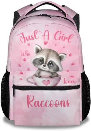 Girls Backpack - 17 Inch Large Capacity Raccoon Bookbag - Lightweight Pink School Bags for Elementary Middle School - Casual Backpack for Travel