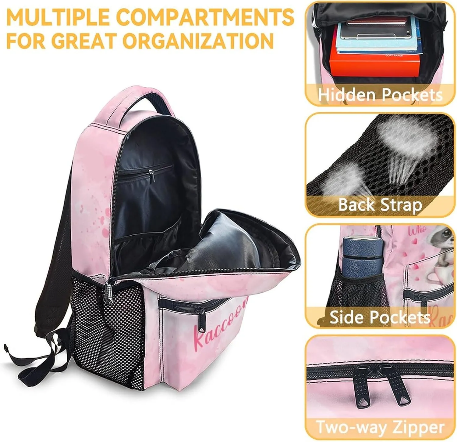 Girls Backpack - 17 Inch Large Capacity Raccoon Bookbag - Lightweight Pink School Bags for Elementary Middle School - Casual Backpack for Travel