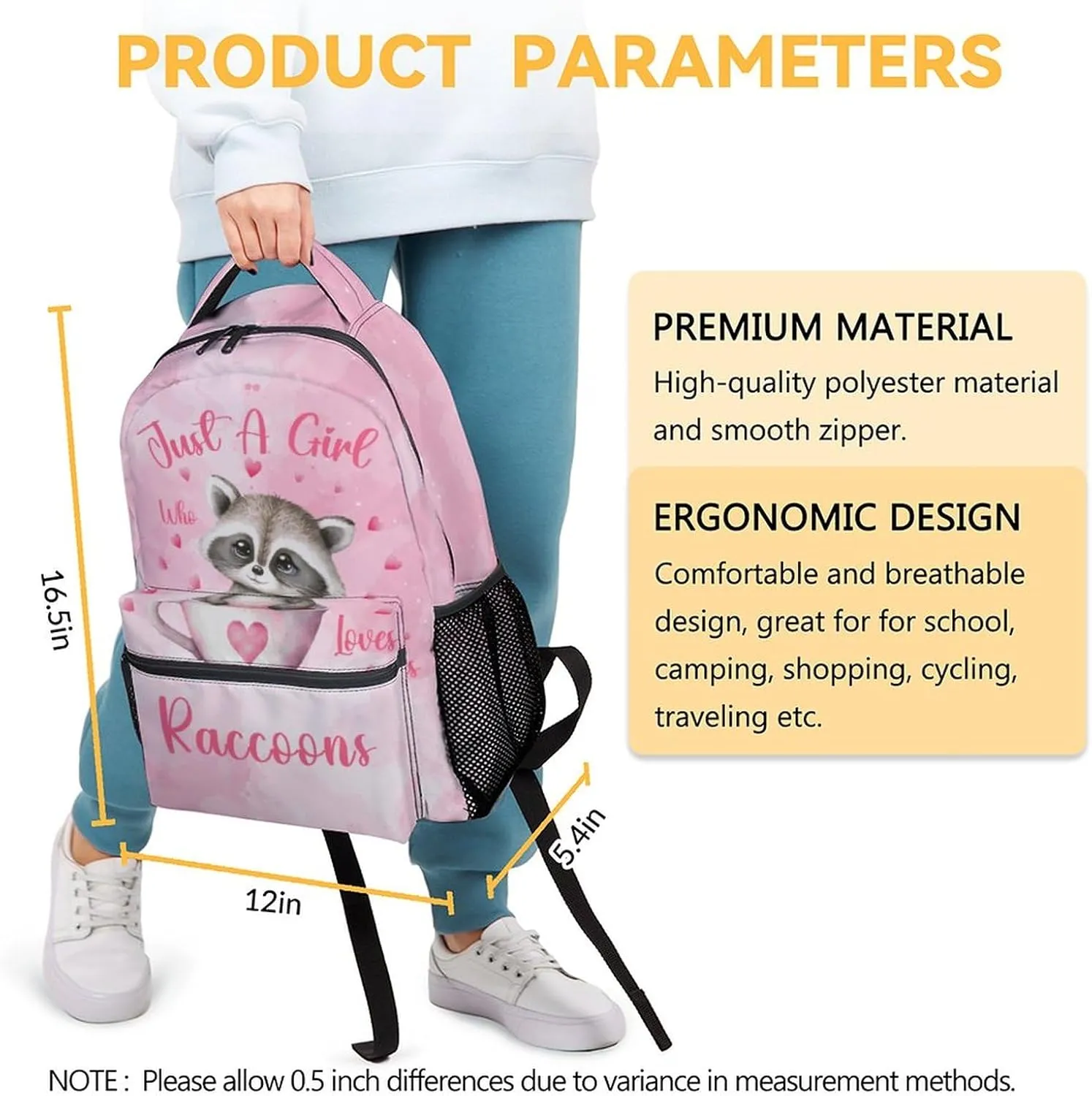 Girls Backpack - 17 Inch Large Capacity Raccoon Bookbag - Lightweight Pink School Bags for Elementary Middle School - Casual Backpack for Travel