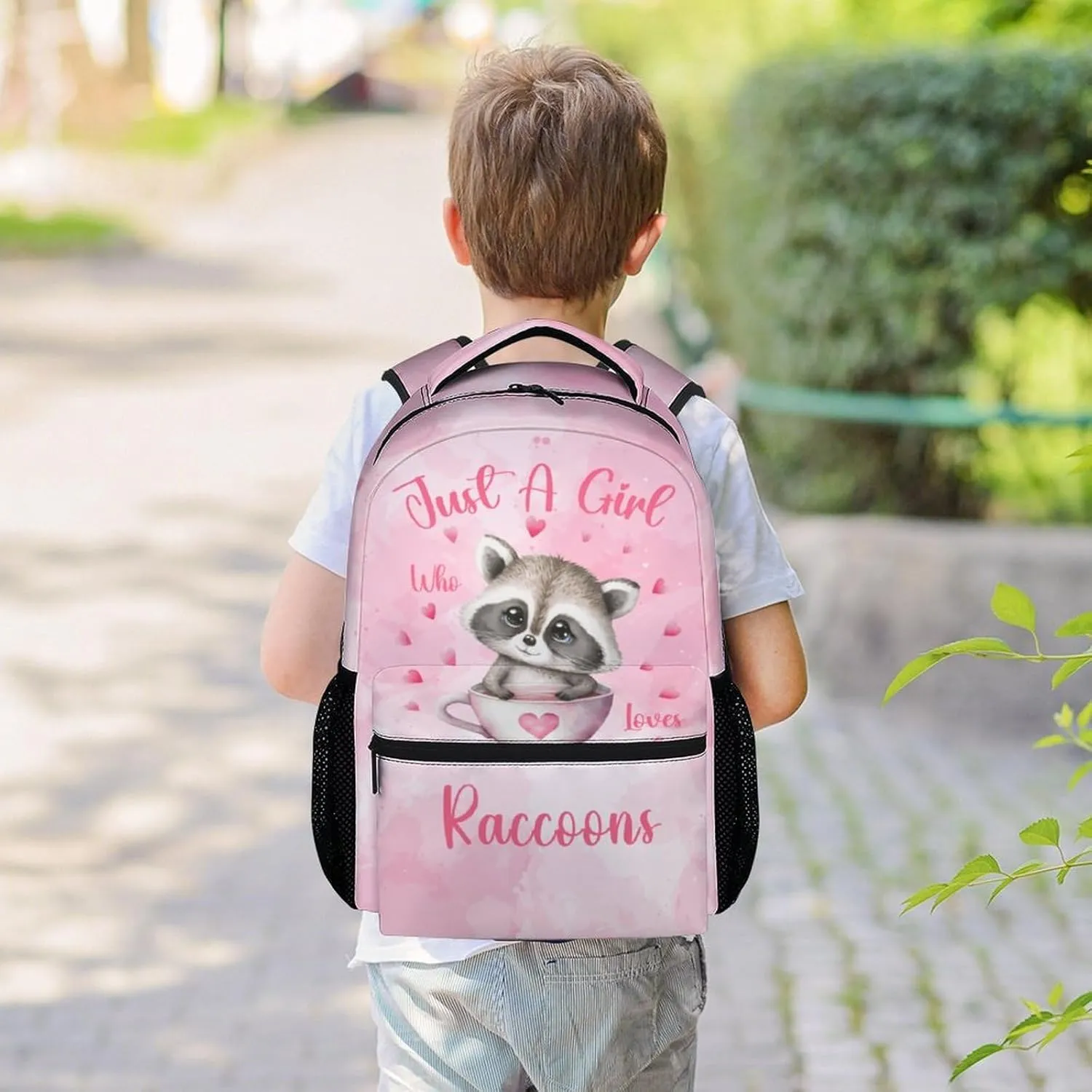 Girls Backpack - 17 Inch Large Capacity Raccoon Bookbag - Lightweight Pink School Bags for Elementary Middle School - Casual Backpack for Travel