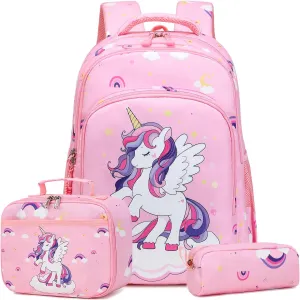 Girls Backpack for Elementary Unicorn Backpack Kids Backpack School Bookbag for Girls 3 in 1 Set Back to School