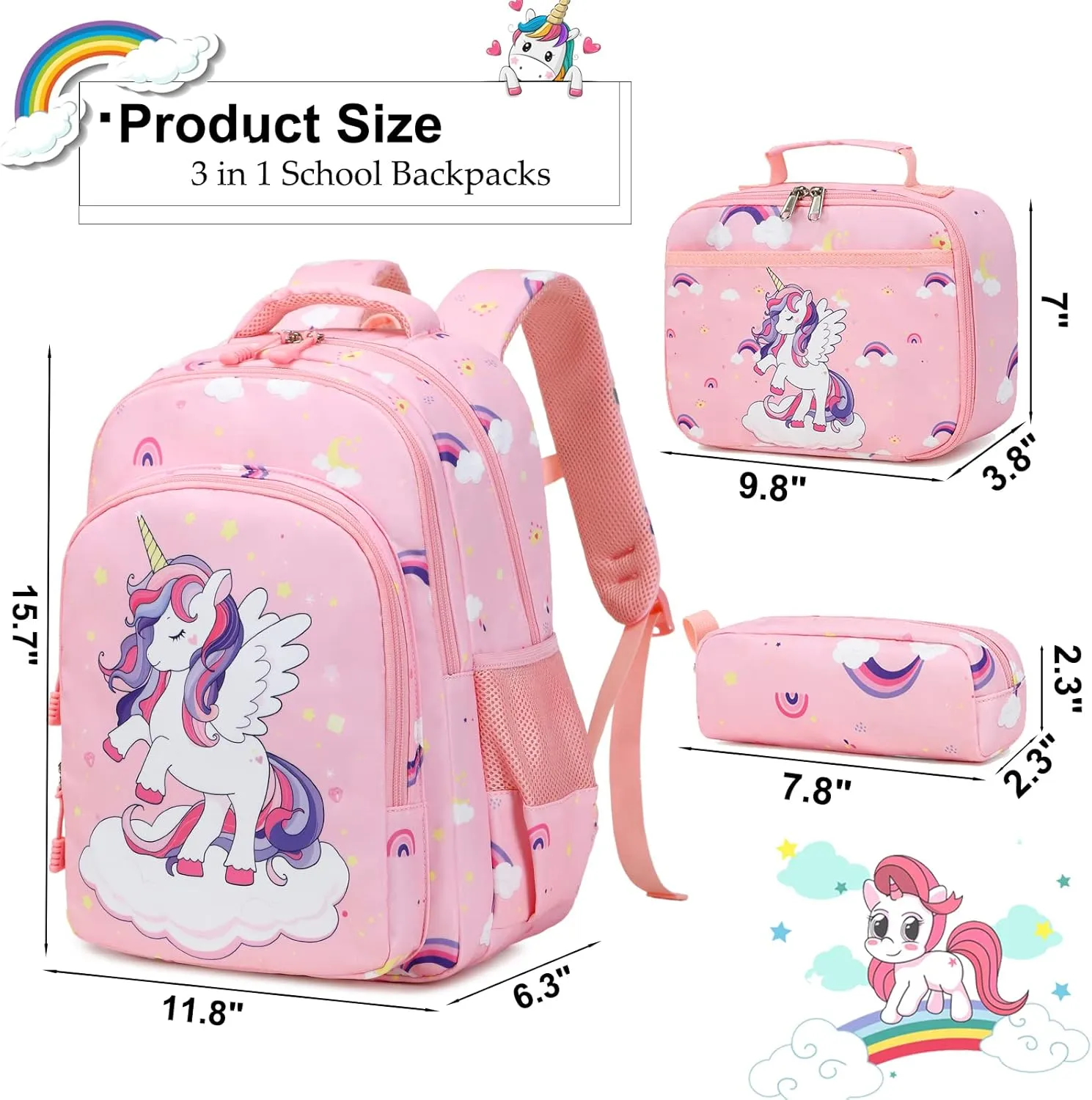 Girls Backpack for Elementary Unicorn Backpack Kids Backpack School Bookbag for Girls 3 in 1 Set Back to School
