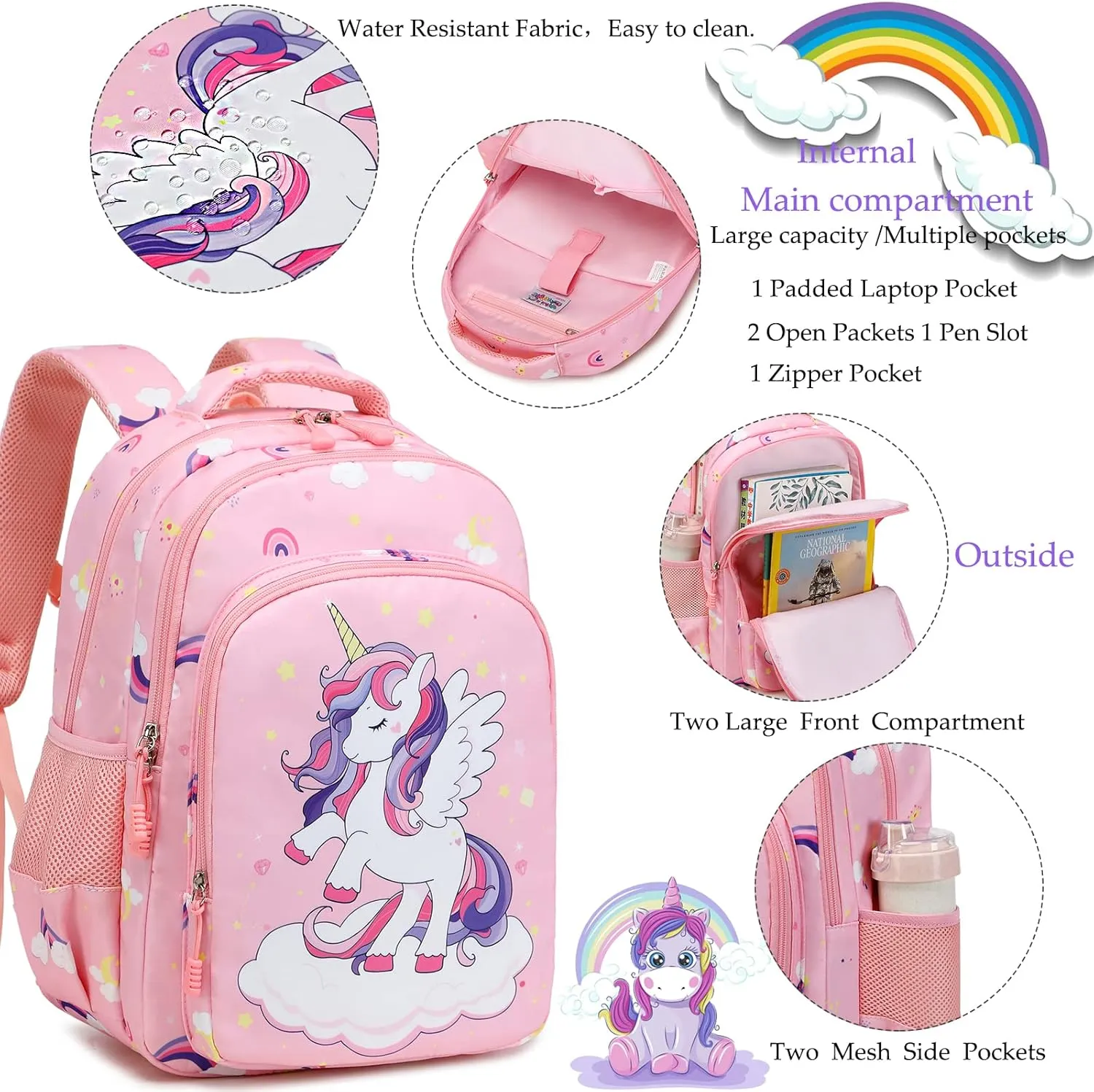 Girls Backpack for Elementary Unicorn Backpack Kids Backpack School Bookbag for Girls 3 in 1 Set Back to School