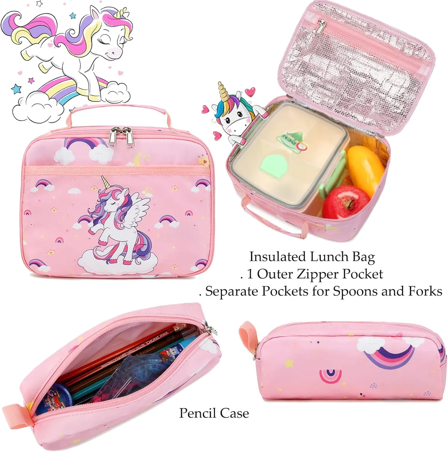 Girls Backpack for Elementary Unicorn Backpack Kids Backpack School Bookbag for Girls 3 in 1 Set Back to School