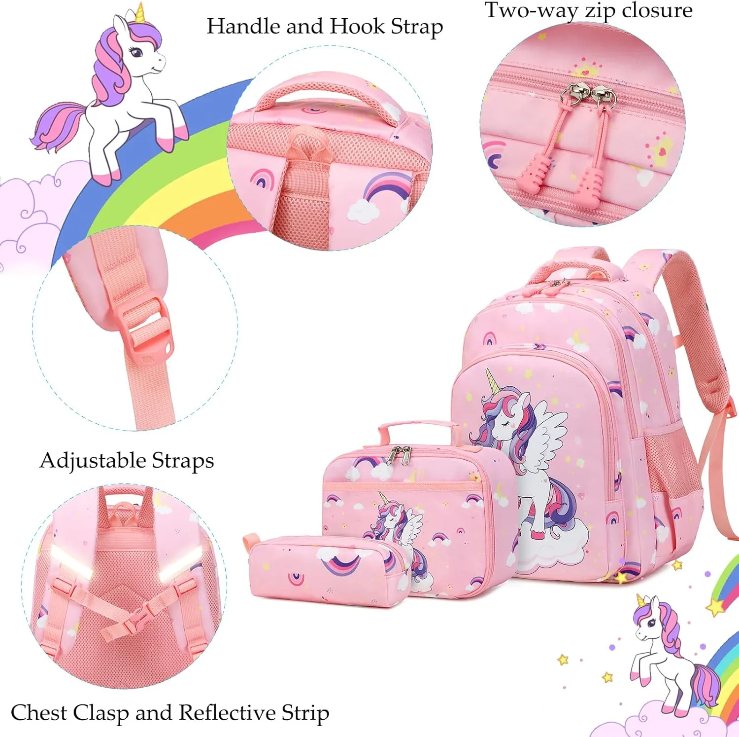 Girls Backpack for Elementary Unicorn Backpack Kids Backpack School Bookbag for Girls 3 in 1 Set Back to School