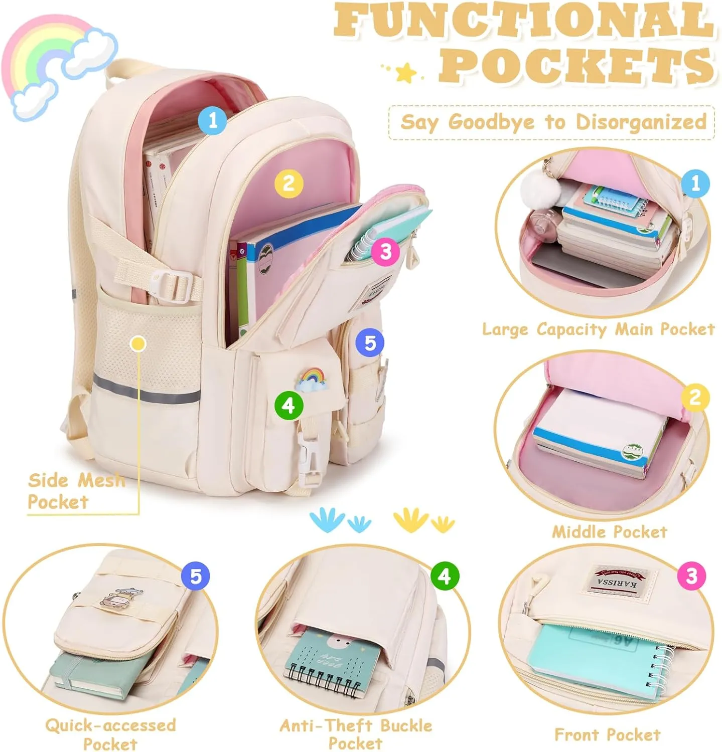 Girls Backpack for School, Teenage Multiple Pockets Backpack, Bookbag for Primary Elementary High School