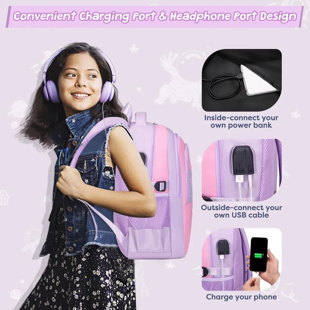 Girls' Backpack - Schoolbag for Kids & Teens, Waterproof & Lightweight, Elementary to Middle School, Casual Daypack with Lunch Bag Set