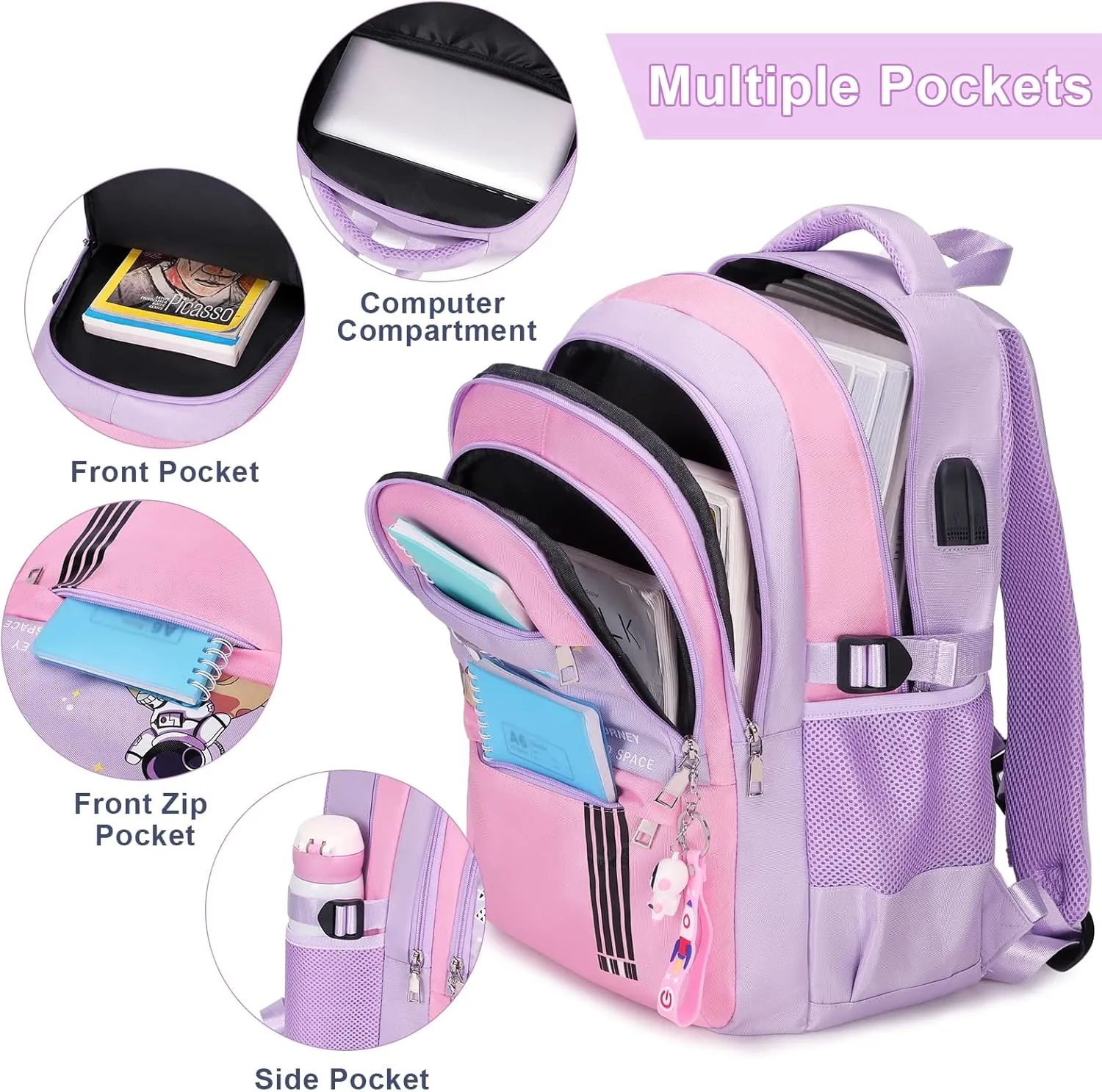 Girls' Backpack - Schoolbag for Kids & Teens, Waterproof & Lightweight, Elementary to Middle School, Casual Daypack with Lunch Bag Set