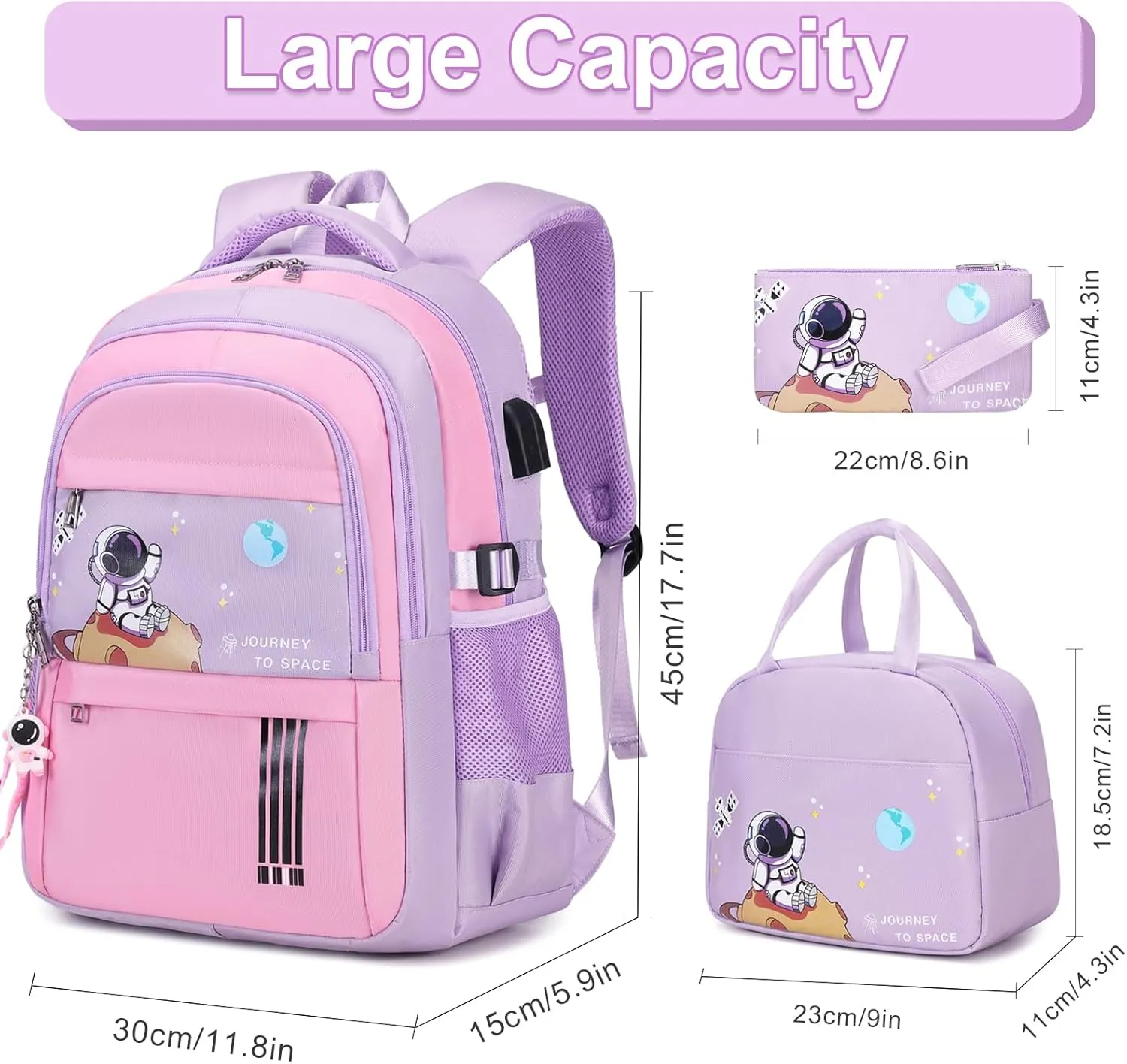 Girls' Backpack - Schoolbag for Kids & Teens, Waterproof & Lightweight, Elementary to Middle School, Casual Daypack with Lunch Bag Set