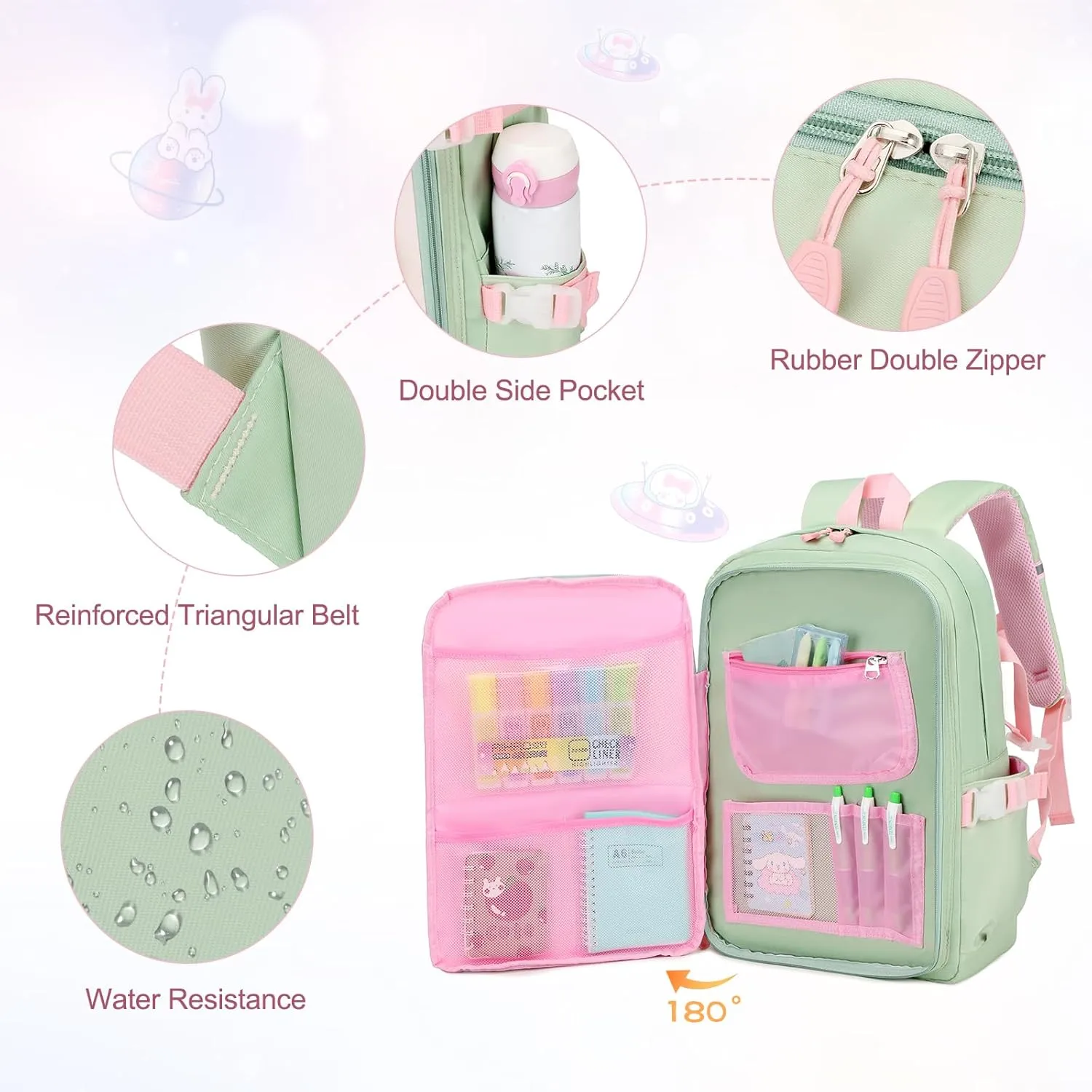 Girls Backpack Set, 3PCS School Backpack, Kawaii Bunny Kids Backpack for Kindergarten Elementary School Preschool Travel Daycare With Lunch Box Pencil Box Green