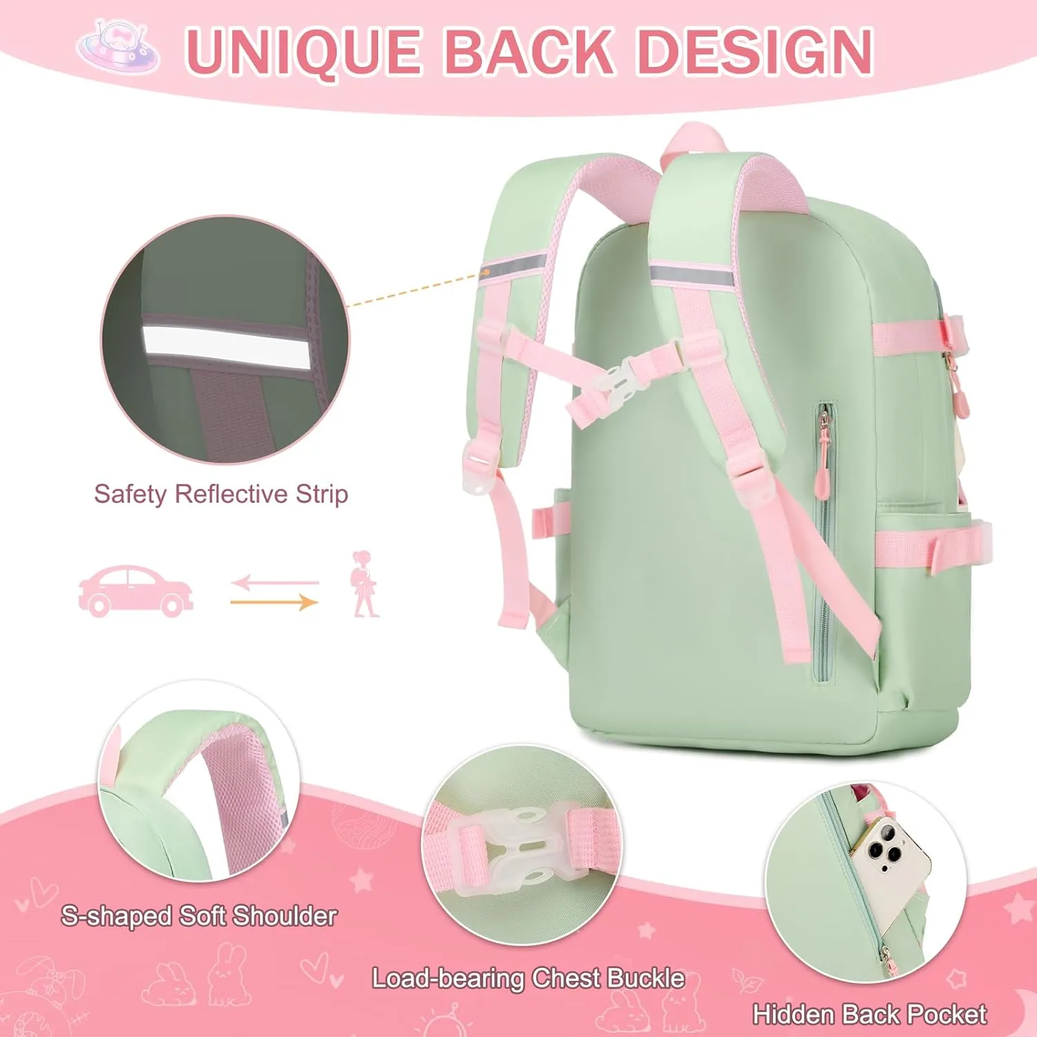 Girls Backpack Set, 3PCS School Backpack, Kawaii Bunny Kids Backpack for Kindergarten Elementary School Preschool Travel Daycare With Lunch Box Pencil Box Green